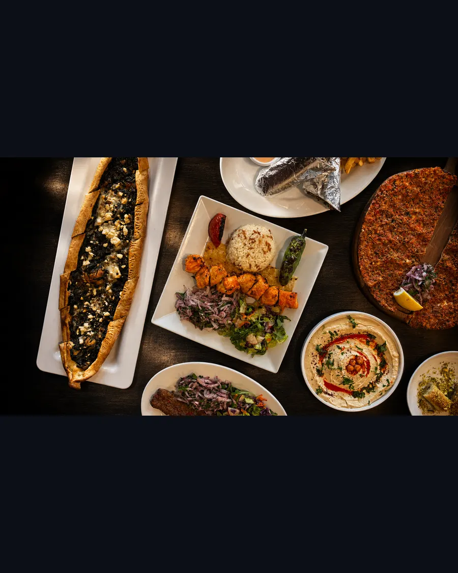 Overhead spread of Turkish dishes