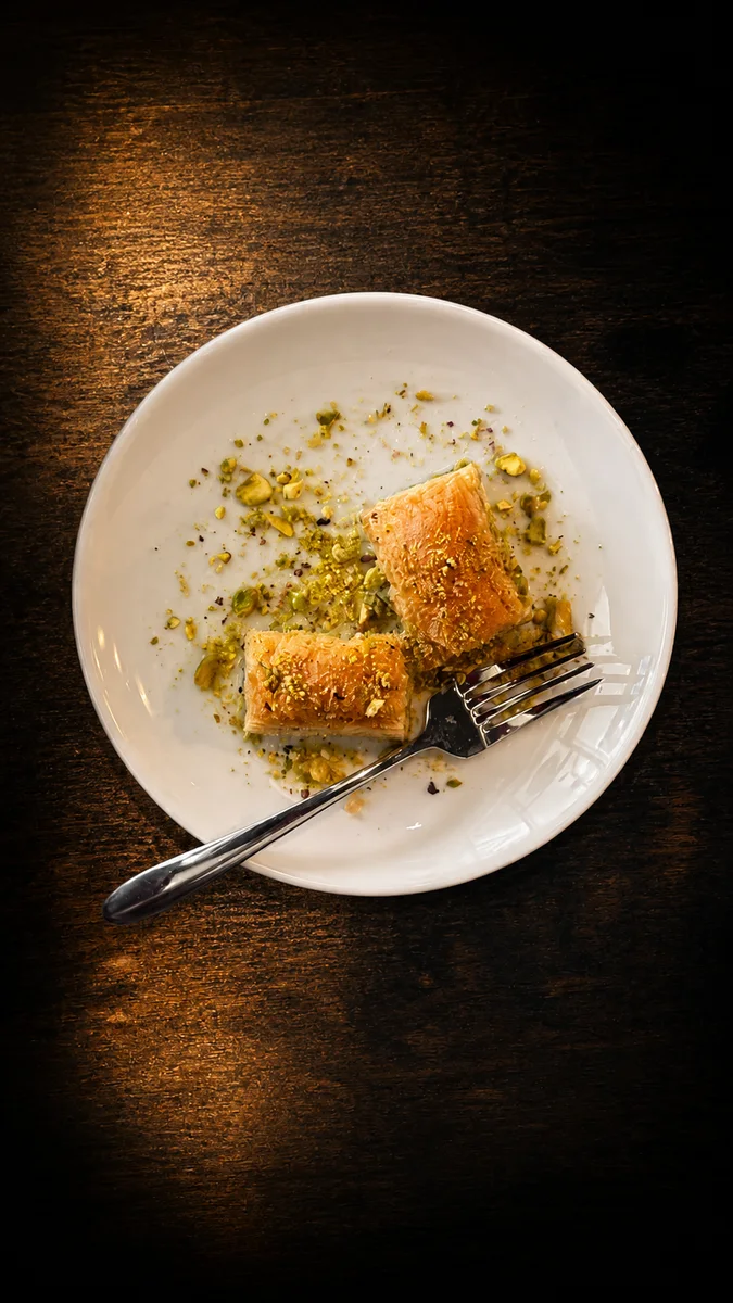 Two pieces of pistachio baklava