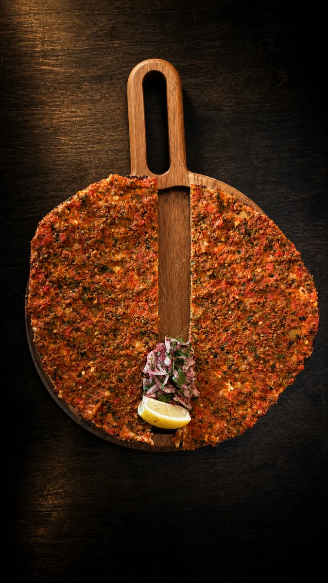 Lahmacun with seasoned lamb, tomato, peppers, parsley and onions