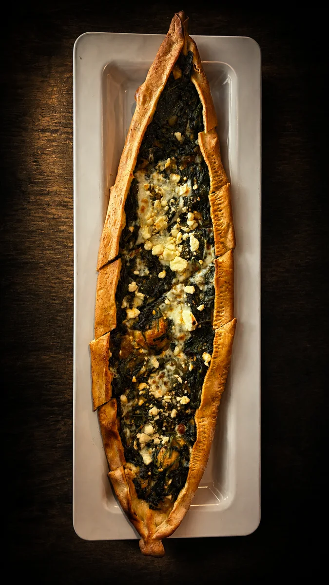 Ispanaklı pide with spinach, feta cheese, onions and garlic